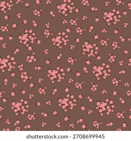 Padrão sem emenda com pequenas flores rosa e folhas em fundo marrom. Ilustração vetorial com flores bonitas.