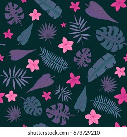 Seamless Pattern of Little Pink Flowers, Violet and Deep Green Palm Leaves on Dark Background