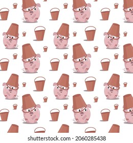 seamless pattern of little pink pig with a bucket bucket on his head