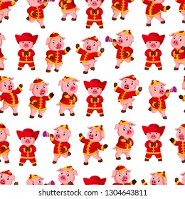 Seamless pattern with little pink pigs wearing Chinese costume