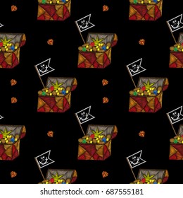 Seamless pattern with little pirate trunk and pirates flag embroidery stitches imitation. Embroidery vector illustration with trunk with money, diamond and other.