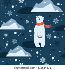 Seamless pattern with little polar bear in red scarf holding ash berry, snowbanks and snowflakes. Dark blue color scheme.