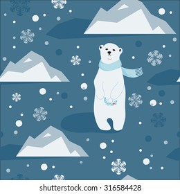Seamless pattern with little polar bear in a blue scarf holding ash berry, snowbanks and snowflakes. Blue color scheme.
