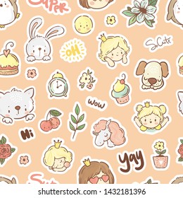 Seamless pattern with little princess and cute animals