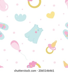 Patrón sin foco para una princesa pequeña, con un vestido lindo, globos, pezones, botellas. Fondo vectorial festivo para impresión en papel, tela, embalaje. Ilustración en tonos pastel suaves