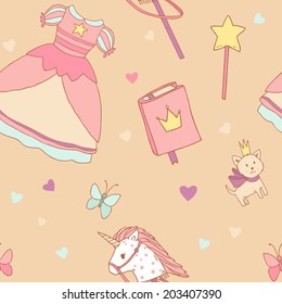 Seamless pattern for little princess with girl dress, unicorn toy, magic book, fairy wand  and kitten