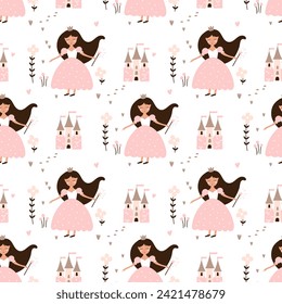 Seamless pattern with Little princess girl on horse. Vector illustration.