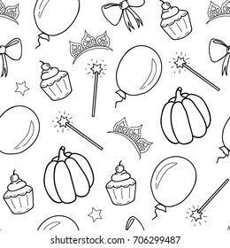 Seamless pattern for a little princess. Magic wand, bow, stars, pumpkin, balloon, cupcake and diadem on a white background. Hand drawing. Vector illustration.