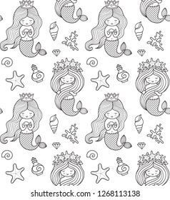 Seamless pattern with little princess mermaid, starfish, seashell. Under the sea. Print design for coloring book, textile, fabric, posters, decor, greeting cards, paper, clothes, wallpaper.