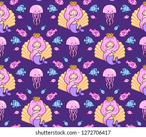 Seamless pattern with little princess mermaid on a dark violet background. Under the sea. Print design for coloring book, textile, fabric, postcard, posters, decor, greeting card. Vector illustration.