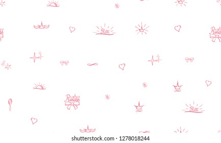 Seamless pattern Little Princess. Pink sketch, cute doodle baby elements. Princess concept. Childish background. Hand drown design for girl. Crown heart mirror sun stars princess. Vector illustration