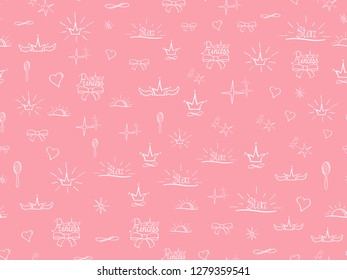 Seamless pattern Little Princess. Pink sketch, cute doodle baby elements. Princess concept. Childish background. Hand drown design for girl. Crown heart mirror sun stars princess. Vector illustration