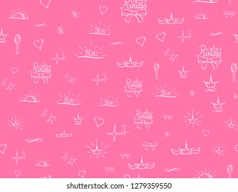 Seamless pattern Little Princess. Pink sketch, cute doodle baby elements. Princess concept. Childish background. Hand drown design for girl. Crown heart mirror sun stars princess. Vector illustration