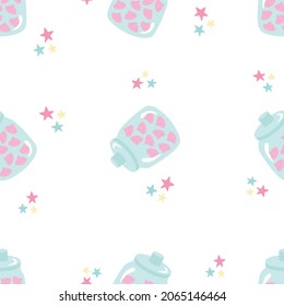 Seamless pattern for a little princess, with pink cookies, marshmallows in a jar. Festive vector background for printing on paper, fabric, packaging. Illustration in soft pastel colors