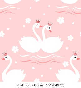 Seamless pattern with little princess swans wearing crown on blue river background. cute cartoon character flat design.