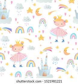 Seamless pattern with little princesses.
