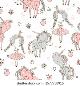 Seamless pattern with little princesses and unicorns. Vector.