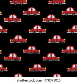 Seamless pattern with little red car embroidery stitches imitation. Embroidery background for child with car. Embroidery red car seamless pattern.