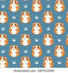 Seamless pattern of little red guinea pigs and paw prints on a blue background, background for food, pet stores and fabrics