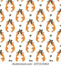 Seamless pattern Little red guinea pig with Christmas mistletoe on his head sits on a white background