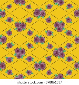 Seamless pattern with little rose flowers in yellow and purple colors. Vector hand painted flowers.
