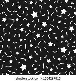 Seamless pattern with little rounded white stars, dots and strokes on black background. Vector illustration. Magic fireworks. Stardust memphis background. Constellation. 