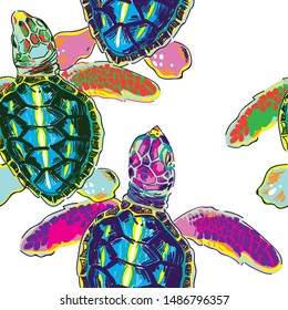 Seamless pattern with little sea turtles. Turtles crawl to the water. Multi-colored print.