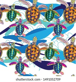 Seamless pattern with little sea turtles. Turtles crawl to the water. Multi-colored print.