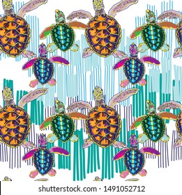Seamless pattern with little sea turtles. Turtles crawl to the water. Multi-colored print.