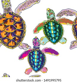 Seamless pattern with little sea turtles. Turtles crawl to the water. Multi-colored print.