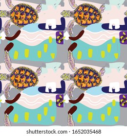 Seamless pattern with little sea turtles. Turtles crawl to the water. Multi-colored print.