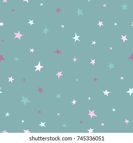 Seamless pattern with little sharp hand drawn stars of  turquoise and blue colors. White background. Childish shabby vector ornament Cosmos texture for paper, wrapping and fabric.