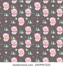 Seamless pattern with Little Sheep. Brown background. Trees and flowers. Vector illustration in funny cartoon style.