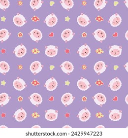 Seamless pattern with little sheep. Purple background. Clouds and flowers. Vector illustration in funny cartoon style.