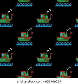 Seamless pattern with little ship embroidery stitches imitation isolated on the black background. Vector boat embroidery illustration.