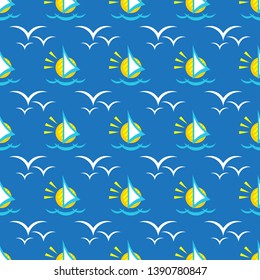 Seamless pattern with little ship and sun. Summer vector illustration. Design element for fabric, wallpaper or wrapping paper.