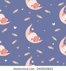 Seamless pattern with little sleeping bunny with pajamas on moon on blue background. Vector illustration for design, wallpaper, packaging, textile. Kids collection