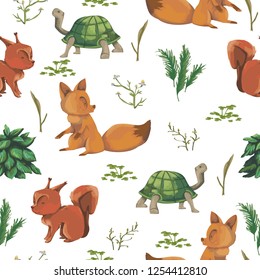 Seamless pattern with little squirrel, fox, turtle, bush, flowers, leaves, berries. Cute cartoon characters. Hand drawn vector illustration in watercolor style