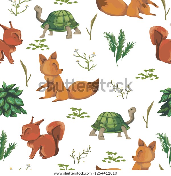 Seamless Pattern Little Squirrel Fox Turtle Animals Wildlife