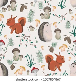 Seamless pattern with little squirrel, hedgehog, plants and mushrooms.  Design in watercolor style for baby shower party, wallpaper, fabric. Cartoon characters. Vector illustration.