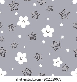 Seamless pattern with little star cartoons on night sky background vector illustration.