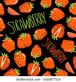 Seamless pattern with little strawberries and hand lettering Strawberry. Vector seamless texture for wallpapers, pattern fills, web page backgrounds
