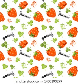 Seamless pattern with little strawberries, leaves, hand lettering. Hot summer. Vector seamless texture for wallpapers, pattern fills, web page backgrounds