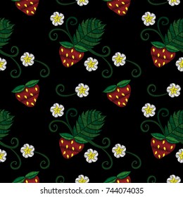 Seamless pattern with little strawberry embroidery stitches imitation. Strawberry with leaf embroidery on black background.