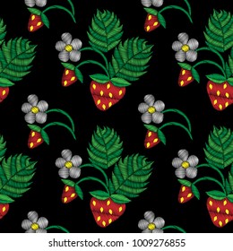 Seamless pattern with little strawberry and flower embroidery stitches imitation. Fashion strawberry embroidery on black background. Embroidery style strawberry.