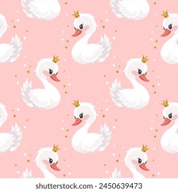 Seamless pattern, little swan princess with a golden crown on a pink background. Cute background for decorating a nursery bedroom. Vector