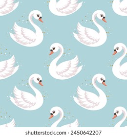 Seamless pattern, little swan princess on a blue background. Cute background for decorating a nursery bedroom. Vector