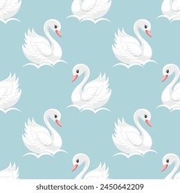 Patrón sin fisuras, pequeña princesa cisne en un fondo azul. Fondo lindo para decorar un dormitorio de vivero. Vector