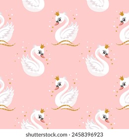 Patrón sin fisuras, pequeña princesa cisne con una corona de oro sobre un fondo pastel. Fondo lindo para decorar un dormitorio de vivero. Vector
