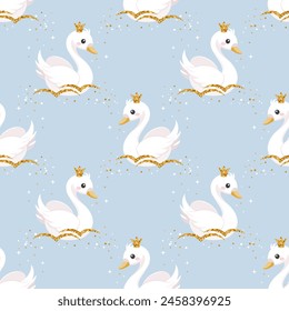 Seamless pattern, little swan princess with a golden crown on a pastel background. Cute background for decorating a nursery bedroom. Vector